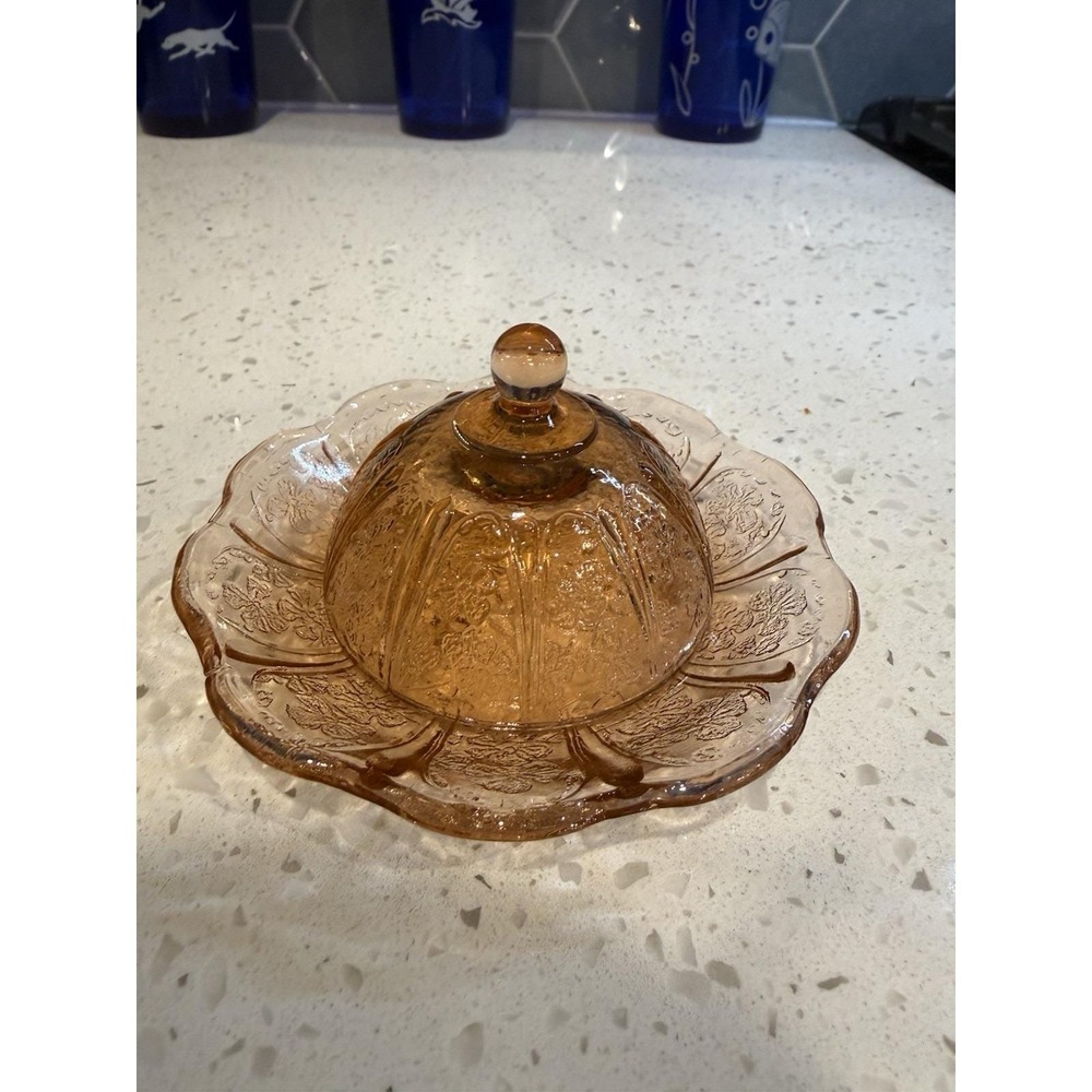 Jeannette Pink Cherry Blossom Child Set Miniature Butter Dish Depression Glass